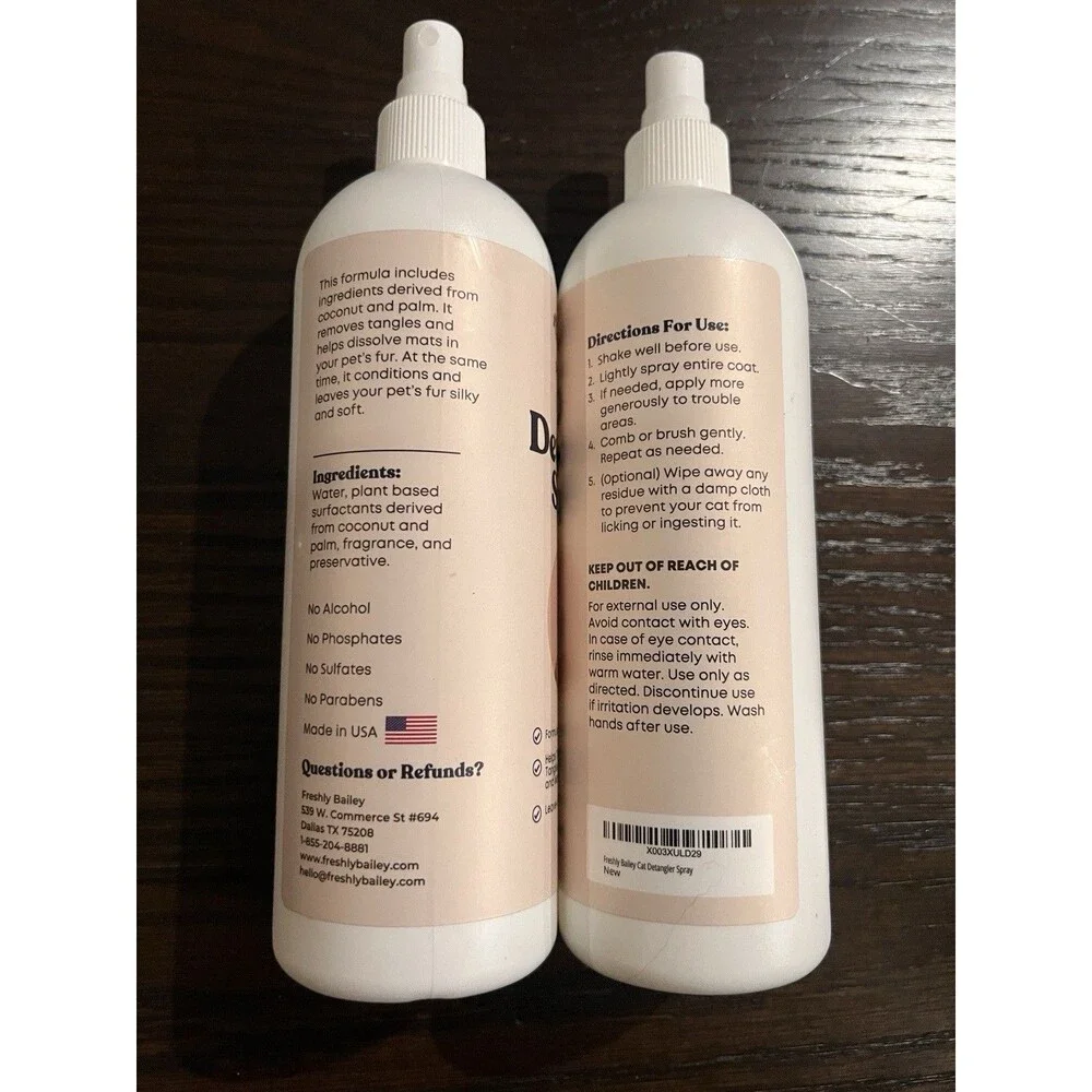 2 Bottles Freshly Bailey Cat Detangler Spray Natural Leave-In Conditioner 16Oz